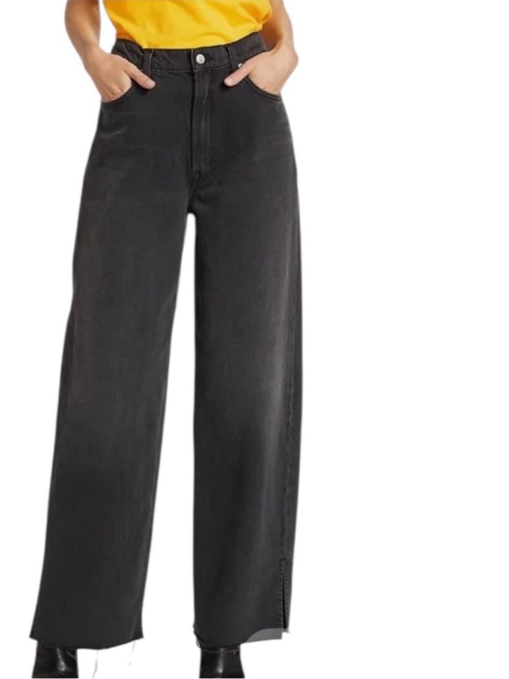 MOTHER Women's wide leg Jeans Black gray size 26 the fun dip puddle slice fray